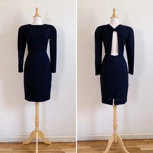 Vintage 80s Nipon Boutique Navy Blue Backless Wool Dress Size Small